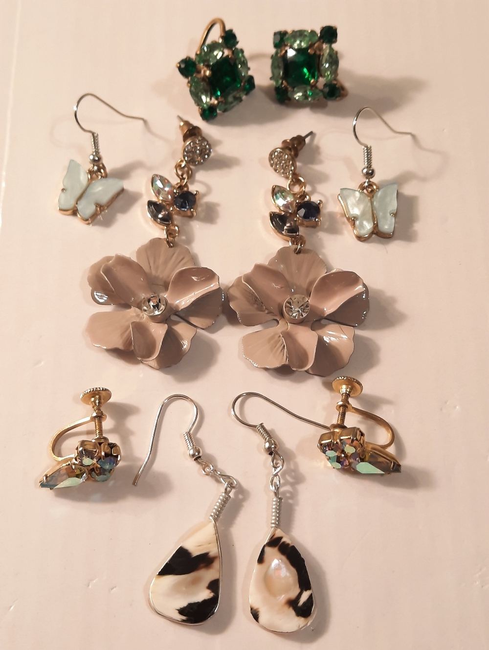 Assorted Women’s Earring Set — Beige Flower, Green Crystal, Ivory Butterfly